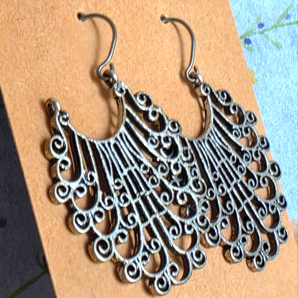 Silver Color Peacock Filigree Dangle Earrings